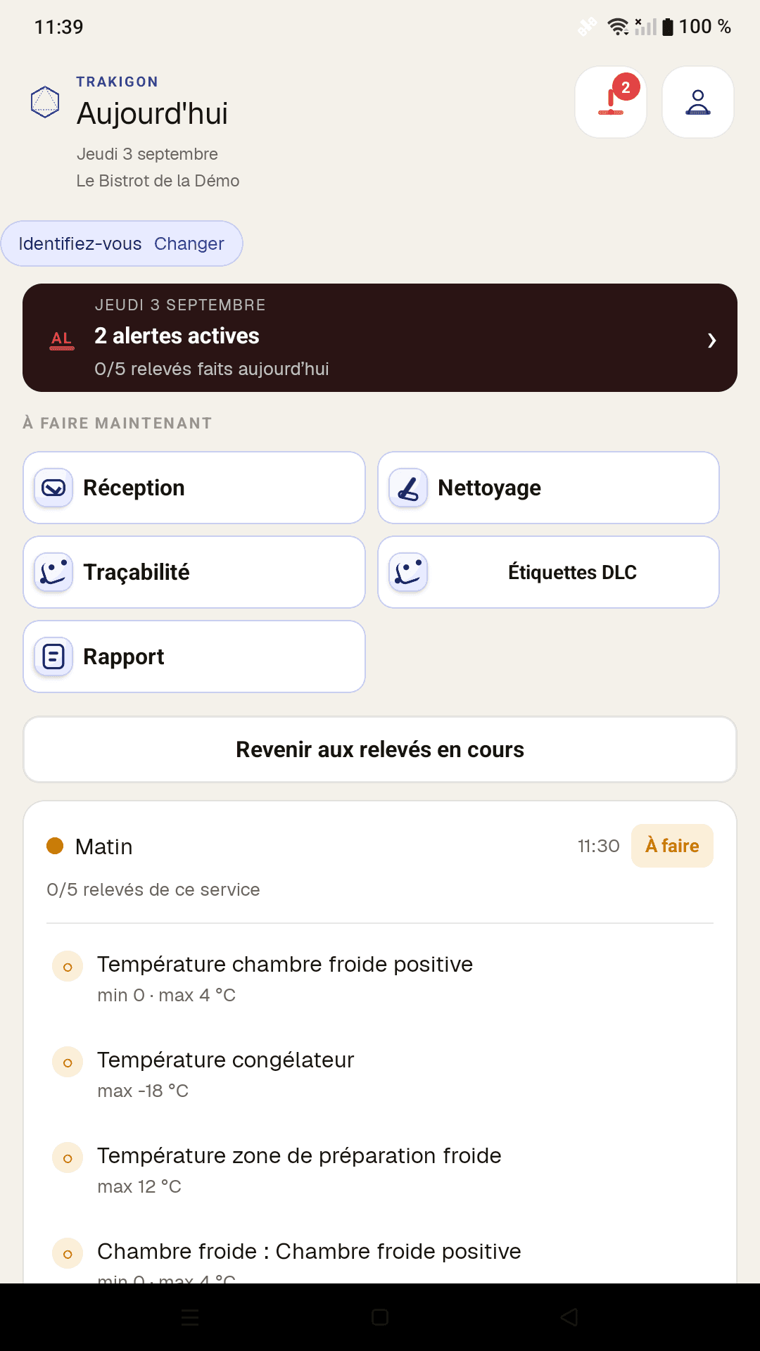 Écran d’accueil Trakigon avec les contrôles du jour d’un établissement de démonstration.