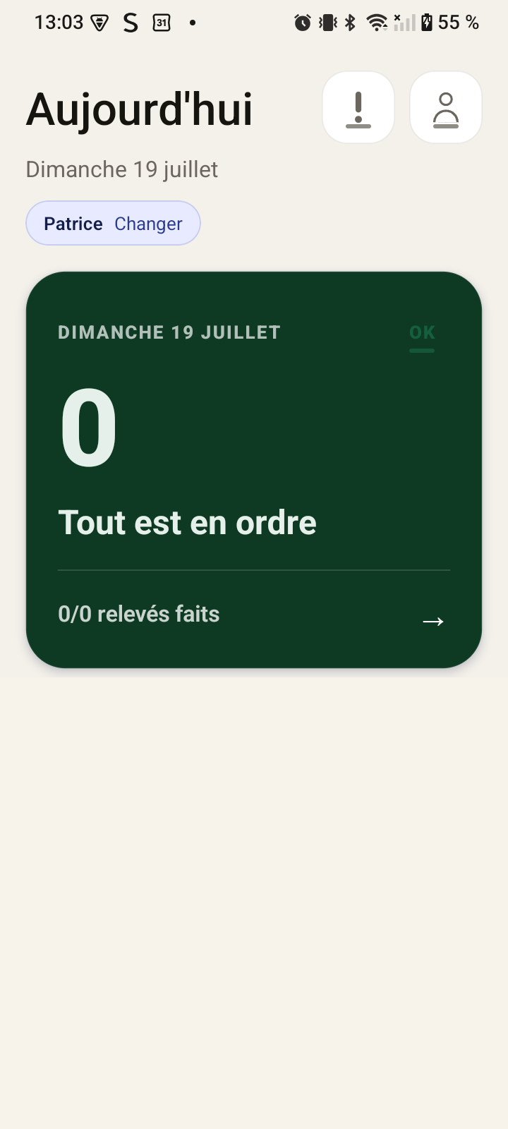 Écran Aujourd'hui de l'application Trakigon