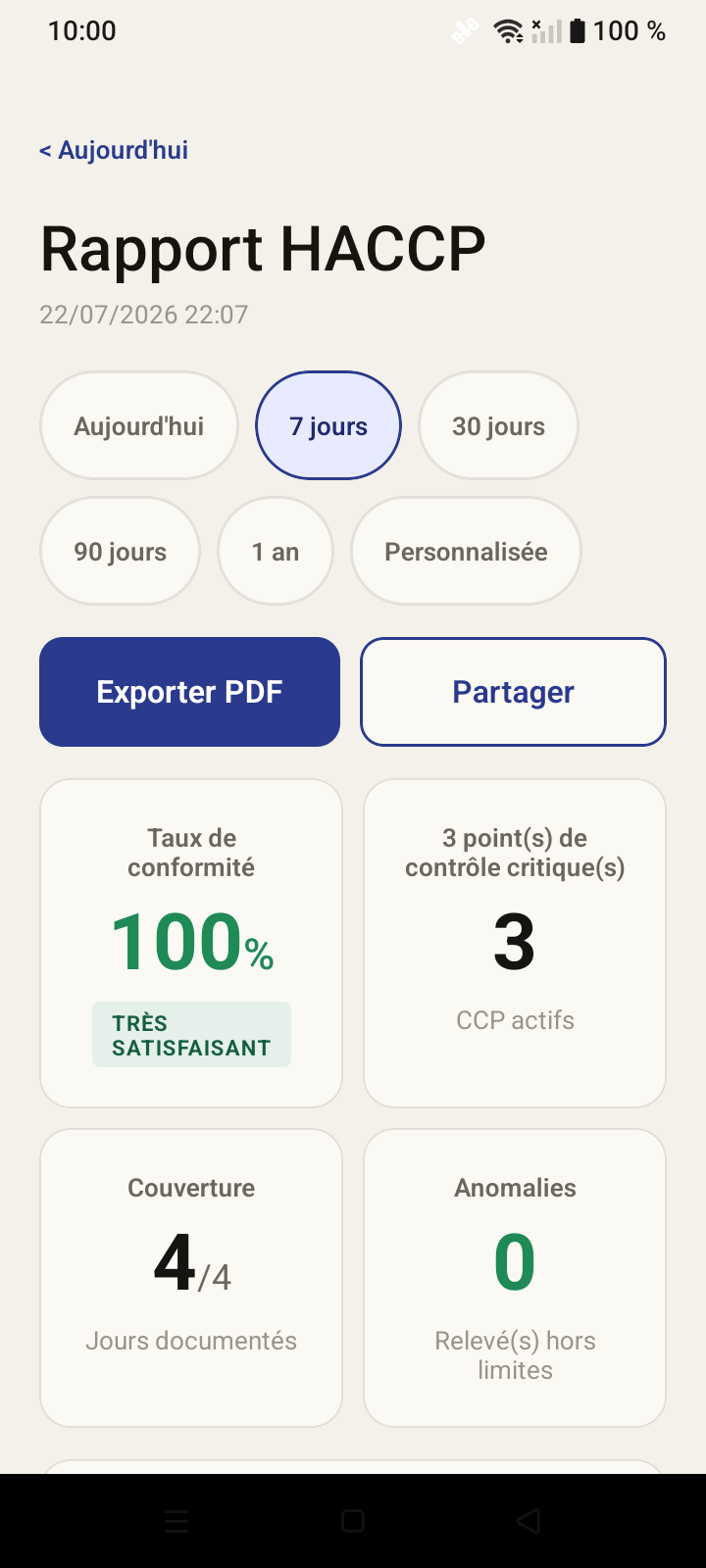 Rapport HACCP dans l'application mobile Trakigon