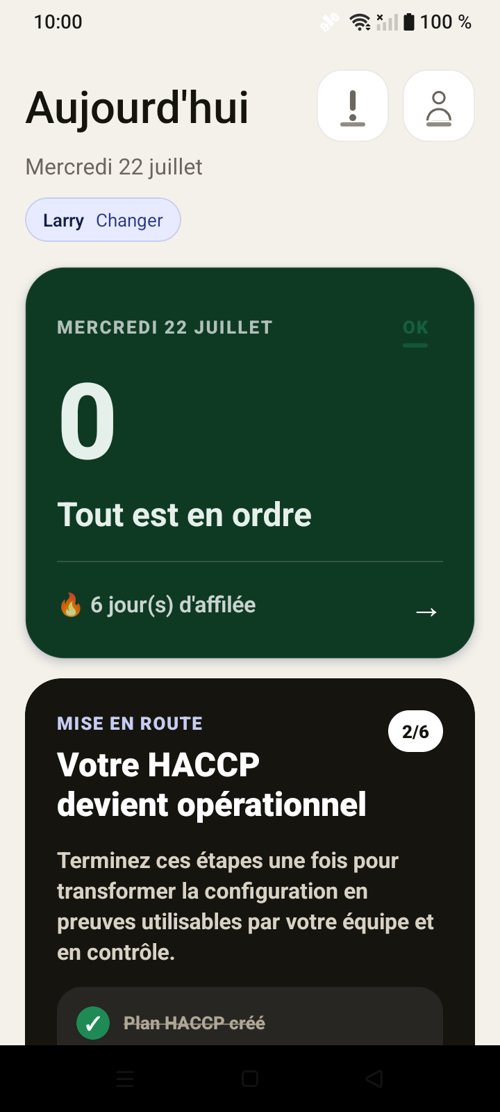 Accueil mobile Trakigon avec les relevés HACCP en cours