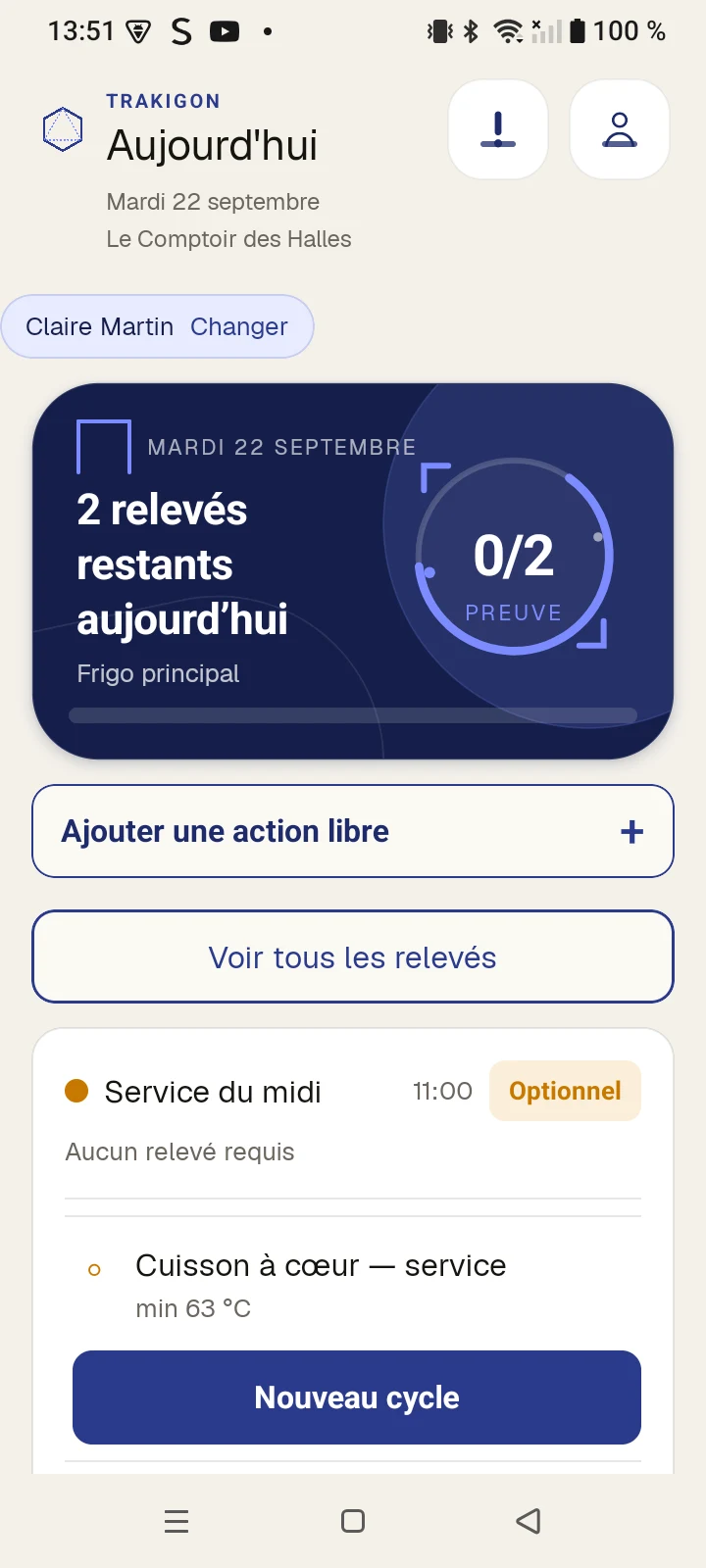 Contrôles du jour visibles dans Trakigon.